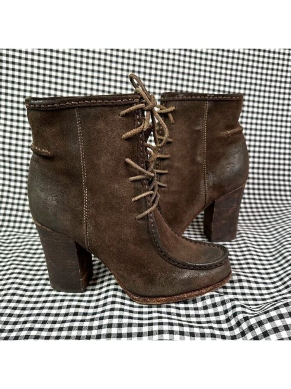 FRYE Parker Moc Toe Boots Women 7.5 Brown Suede Leather Lace Up Heel Autumn